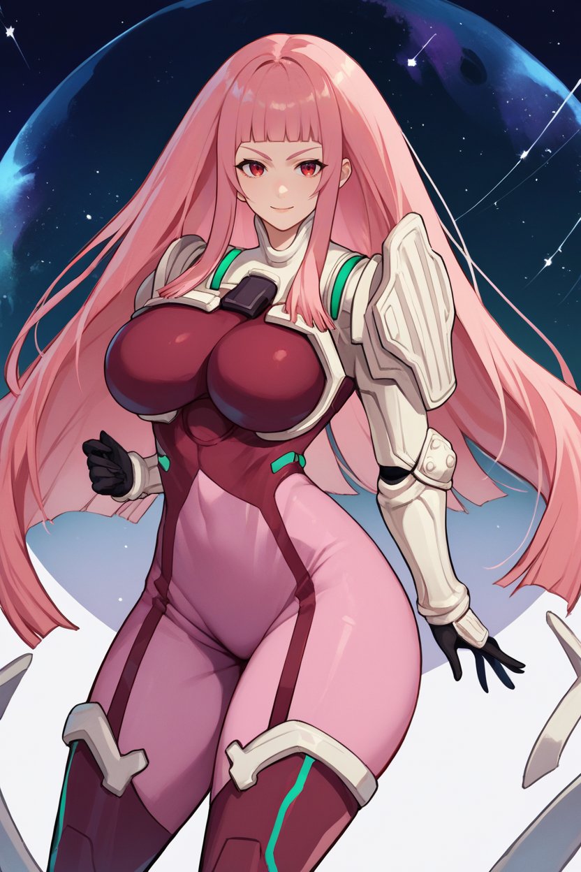 score_9, score_8_up, score_7_up, score_6_up, source_anime, 1girl, solo,   <lora:zoeken-pdxl-nvwls-v1-000008:1> zoeKen, pink hair, long hair, red eyes, blunt bangs, pink bodysuit, black gloves, shoulder pads, gauntlets, large breasts, night sky, outer space, thick thighs, looking at you, smile