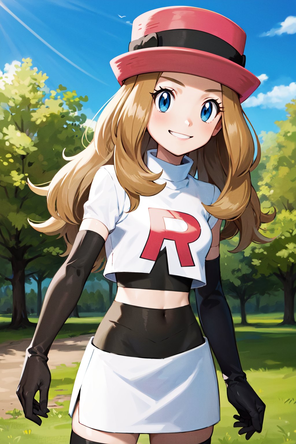 masterpiece, best quality, highres, ffserena, solo, long hair, (pink headwear:1.2), eyelashes, blue eyes, team rocket uniform, crop top, white shirt, elbow gloves, black gloves, midriff, white skirt, black thighhighs, <lora:serena_(pokemon)_v2:0.7>, standing, cowboy shot, smirk, outdoors