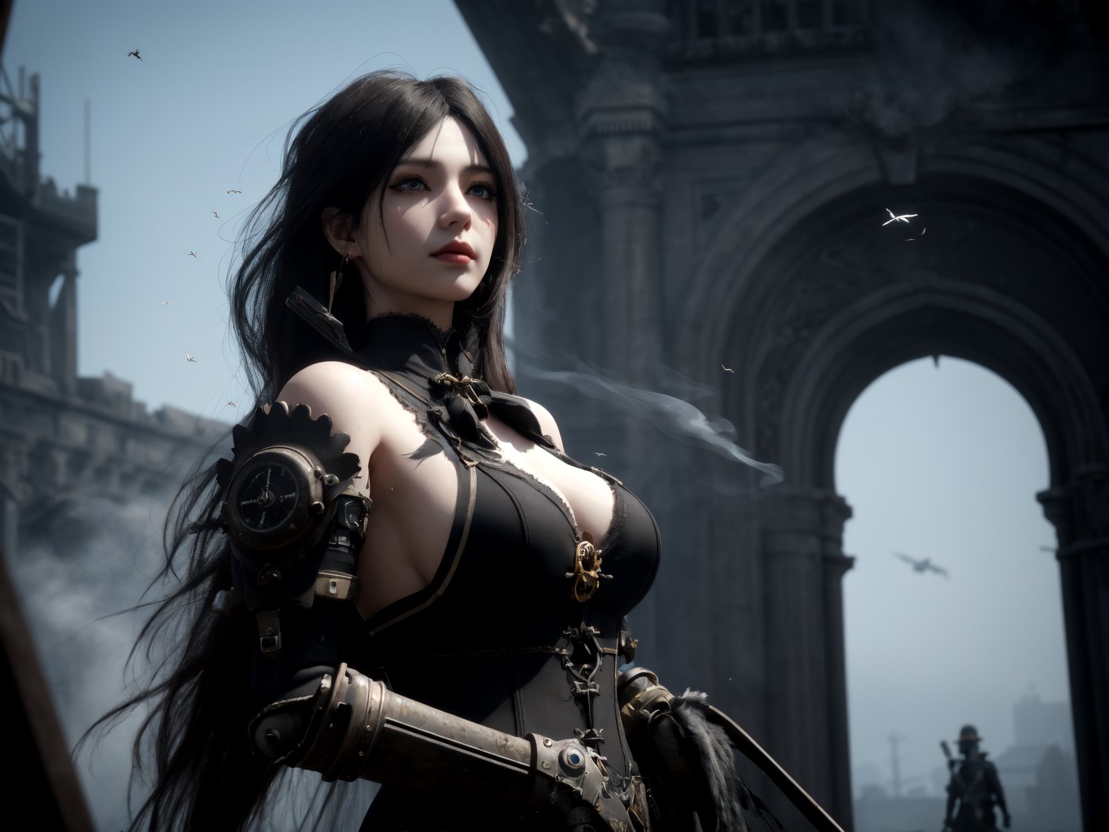 huge documents,high details,{masterpiece},{best quality},gear (series),[[steampunk]],black smoke,gear clock tower,[[smoke filled abandoned city]],{{1 girl}},white long hair,messy hair,hair fluttering in the wind,{an extremely delicate and beautiful girl},gear boots,brown gloves,{ragged clothes},medium chest circumference,{crows},beautiful detail eyes,mechanical prosthesis,{{Gothic dress - (black)}},{{many black feathers}},many sporadic black feathers,{{{gear mechanism}}},{{{upper body}}},doll,reality_ray_tracing,light leaks,wide shot,3D graphics,fantasyArt,