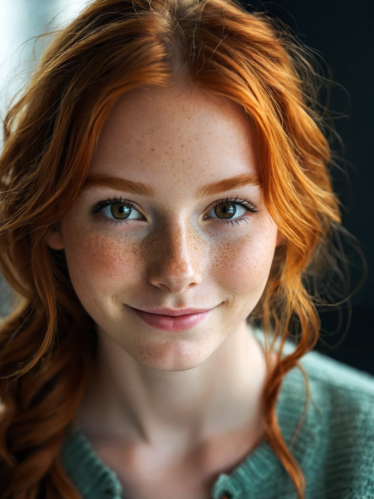 beautiful girl, smile, happy, close up, (detailed eyes:0.8), (looking at the camera:1.4), interior, (ginger hair:1.3), dark studio, muted colors, freckles