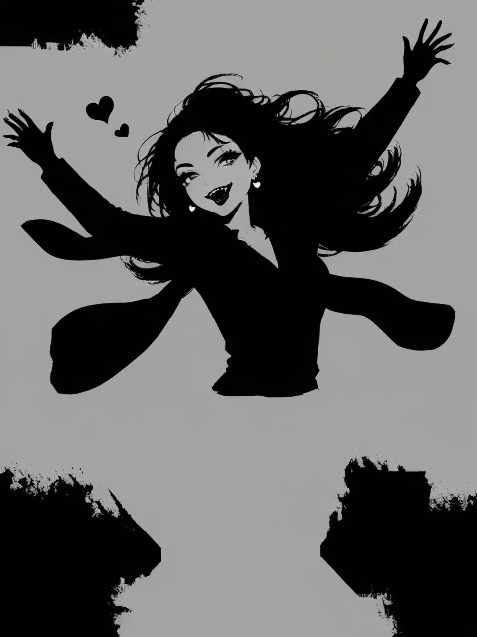 1girl,    inkstyle, monochrome, greyscale, silhouette, greyscalemasterpiece, \m/, miniskirt, standing, lipstick, tongue, thick eyelashes, black lips, eyelashes, pleated skirt, jewelry, arms up, solo, black nails, skirt, open mouth, cowboy shot, smile, earrings, makeup, looking at viewer, long hair, sharp teeth, black eyeliner, teeth, long sleeves, heart, white background, newest, absurdres, safe <lora:inkstyle:1>