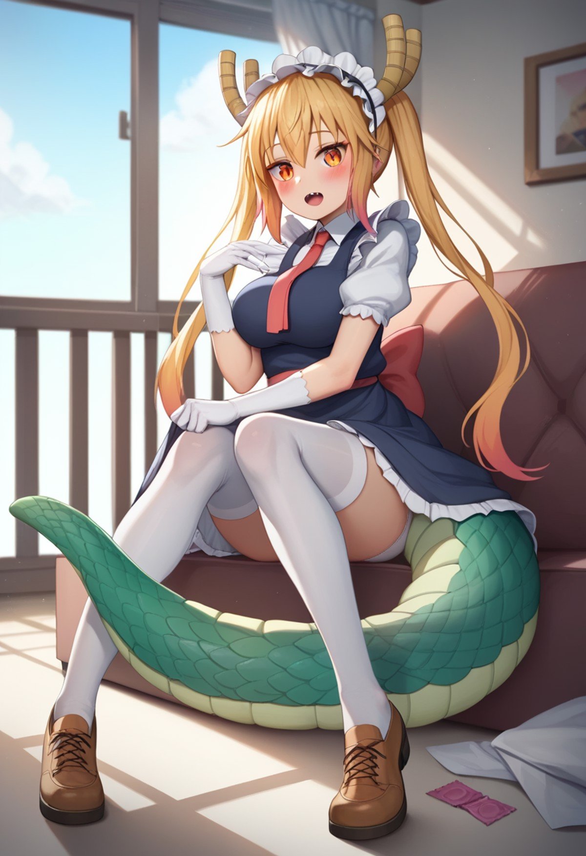 score_9,score_8_up,score_7_up, <lora:tohru_(maidragon)_pony:1>，tohru_\(maidragon\), shoes, white_panties, 1girl, dragon_girl, sitting, solo, looking_at_viewer, white_thighhighs, short_sleeves, day, white_gloves, indoors, commentary_request, red_necktie, open_mouth, window, pantyshot, condom, scales, blush, arm_support, maid_headdress