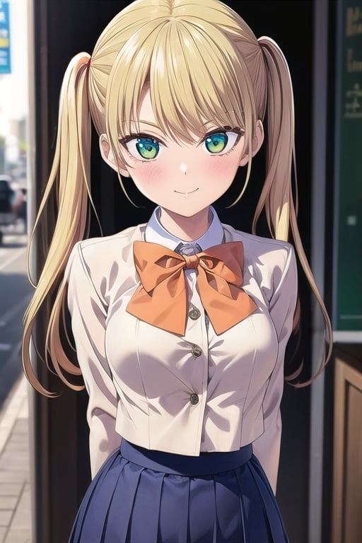 1girl, solo, blonde_hair, skirt, green_eyes, bow, school_uniform, pleated_skirt, twintails, smile, orange_bow, bowtie, outdoor, blue_skirt, orange_bowtie, shirt, long_hair, cowboy_shot, long_sleeves, looking_at_viewer, bangs, standing, white_shirt, jacket, closed_mouth,mirika, arms_behind_back<lora:EMS-179-EMS:0.300000>, <lora:EMS-469161-EMS:0.800000>