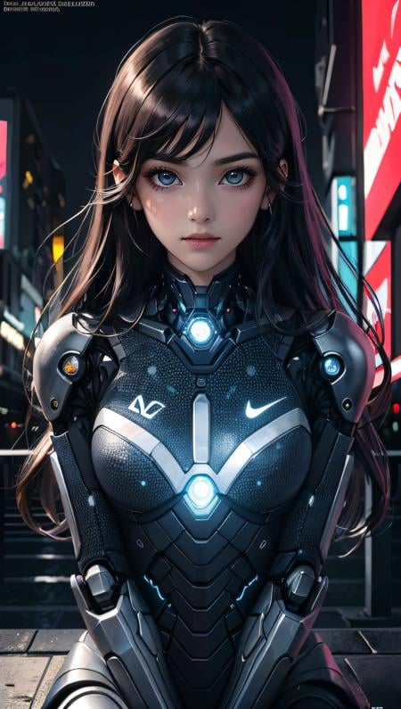 (best quality, masterpiece, colorful, dynamic angle, highest detailed)upper body photo, full body photo, fashion photography of cute 1girl, mechanical arms, cyborg, dark mood, dystopia, glowing, looking at viewer, sitting, long hair, bokeh (intricate details, hyperdetailed:1.15), detailed, moonlight passing through hair, (official cyberpunk art, extreme detailed, highest detailed), HDR+