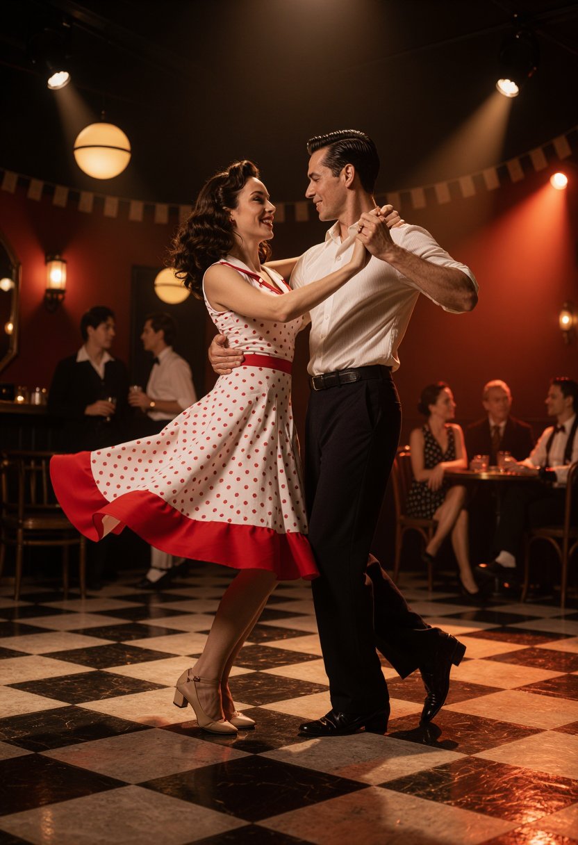 occult,  rockabilly_morph,  A 28-year-old woman and a 31-year-old man dance together in a dusty vintage ballroom by inknoi...