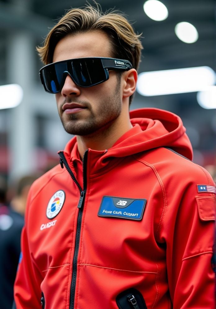 Jules Bouyer ,  Hi-res photo. He wears futuristic electronic glasses. He is wearing a light red,  close fitting flight sui...