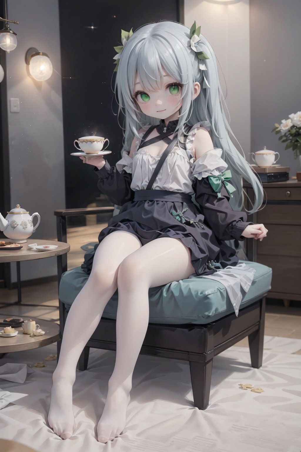 (masterpiece:1.3),(best quality:1.2),original,illustration,(an extremely delicate and beautiful),cinematic lighting,volume lighting,ADDBASE,(1girl:1.2),(solo:1.4),(sprite:1.2),(green eyes:1.2),(grey hair:1.2),very long hair,medium breasts,(white uniform:1.1),(subtle smile:1.1),sipping tea delicately,(daintily holding teacup:1.2),(one teacup:1.2),(delicate tea set on the table:1.2),(sitting on chair:1.2),ADDCOL,(starship:1.1),(starry background:1.3),(clusters of stars:1.2),star_trail,(hyper_galaxy:1.2),(universe:1.2),(planet:1.2),(space:1.2),one teacup,