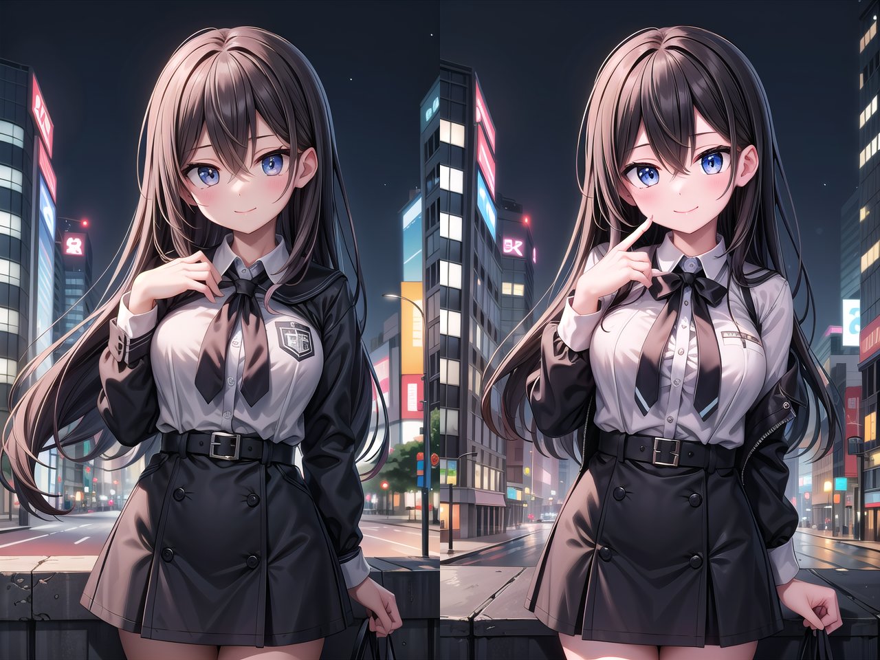 <lora:lightup_brightness_v200:0.45>insanely detailed, absurdres, ultra-highres, ultra-detailed, best quality,1girl, solo, nice hands, perfect hands,BREAK(wearing winter school uniform),happy smile, laugh, closed mouth,standing, 45 angle, (cowboy shot:1.3), looking at viewer,BREAKslender, kawaii, perfect symmetrical face, ultra cute girl, ultra cute face, ultra detailed eyes, ultra detailed hair, ultra cute, ultra beautiful,by Canon EOS, SIGMA Art Lens 35mm F1.4, ISO 200 Shutter Speed 2000,BREAK(night, dark background:1.3), cityscape, street, tokyo, shibuya,(very wide, panorama view, sense of depth, magnificent view:1.3),medium large breasts,BREAKblack hair, long hair,black eyes, hair between eyes