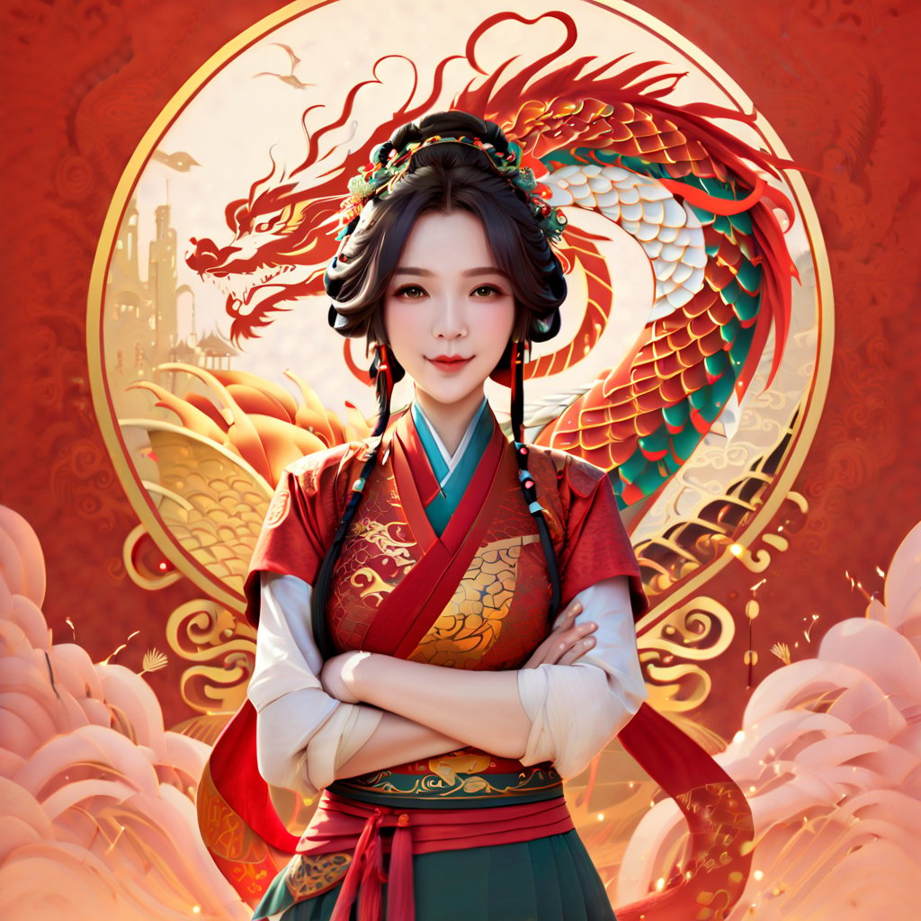 gufengstyle,Masterpiece, best quality, 4k, Chinese New Year, red background, festive atmosphere, Chinese girl illustration, dragon illustration, detailed character design,Lucky Dragon Boy Digital Painting, Using Global Illumination Style<lora:gufengstyleSDXL-000016:1>