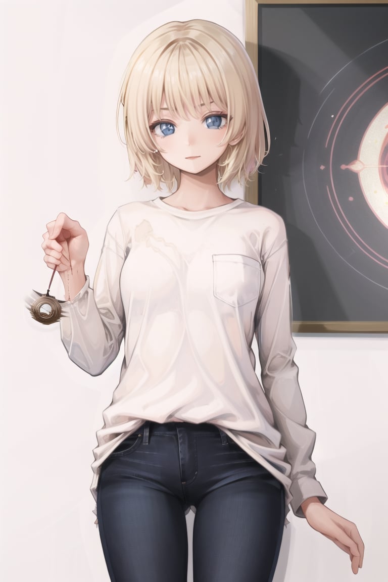 masterpiece, best quality, CG, wallpaper, HDR, high quality, high-definition, extremely detailed, hypnotizing viewer, holding pendulum, white shirt, jeans, blonde hair, short hair, blue eyes