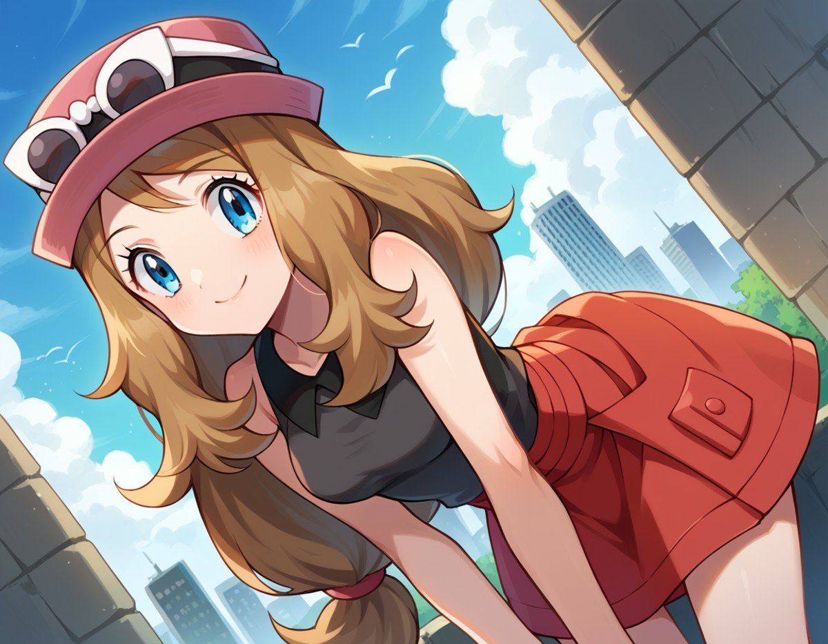 score_9, score_8_up, score_7_up, source_anime,pokemonserena, <lora:pokemon-serena-ponyxl-lora-nochekaiser:1>serena, long hair, blue eyes, brown hair, smile,eyewear on head, hat, skirt, sunglasses, shirt, black shirt, sleeveless, red skirt, pink hat,outdoors, cityscape, bent over,looking at viewer, cowboy shot, dutch angle,