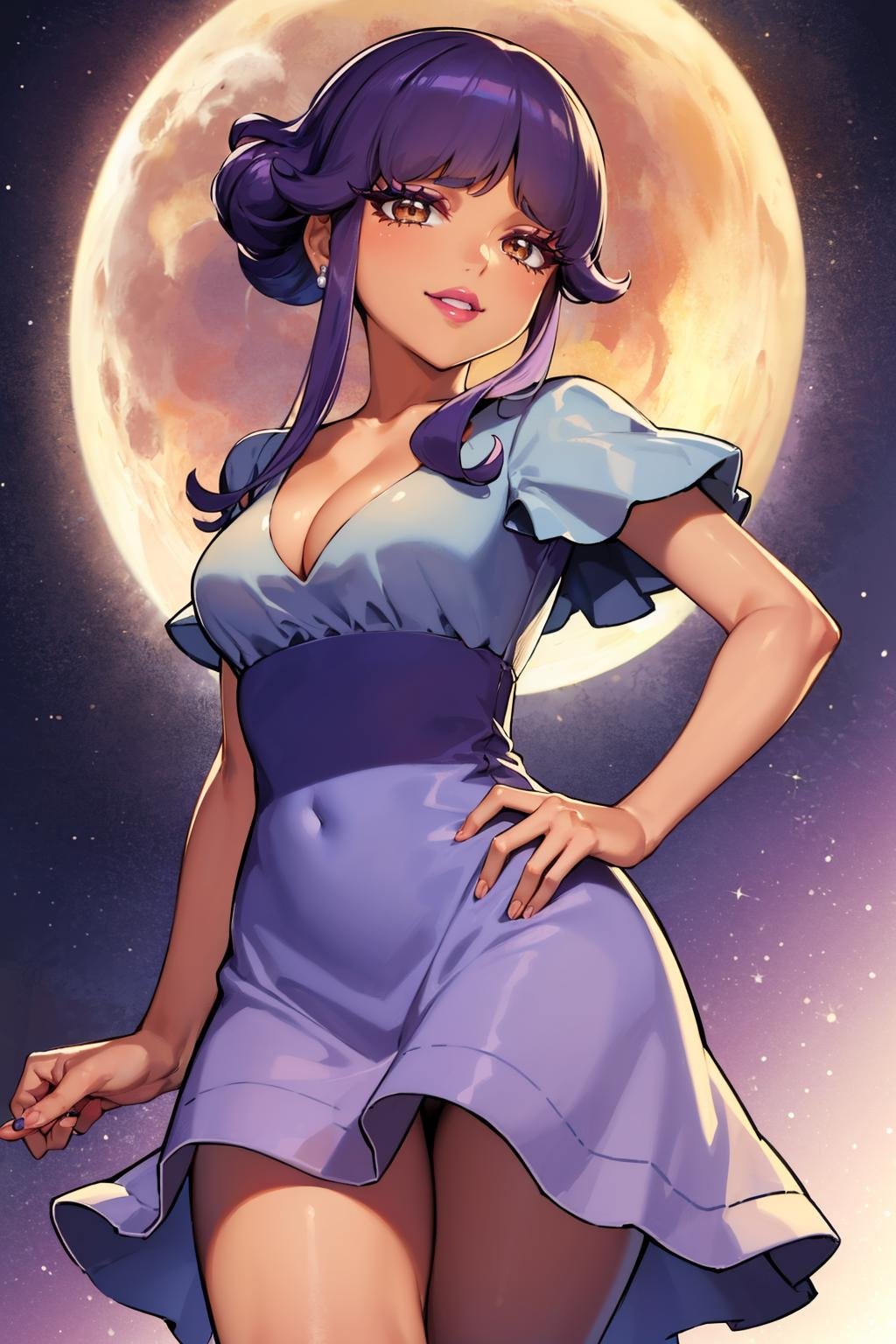 masterpiece, best quality,  <lora:tulip-nvwls-v1-000009:0.9> pkmnlip, brown eyes, dark skin, lipstick, earring, purple dress, short sleeves, cleavage, hands to hips, looking at viewer, from below, night sky, smile