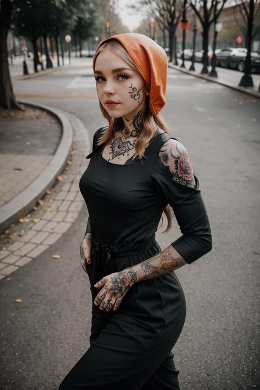 SGShkurushkain lots of tattoos tattooed wearing a jumpsuit in  the city park,  <lora:SGShkurushka_198800:0.55>