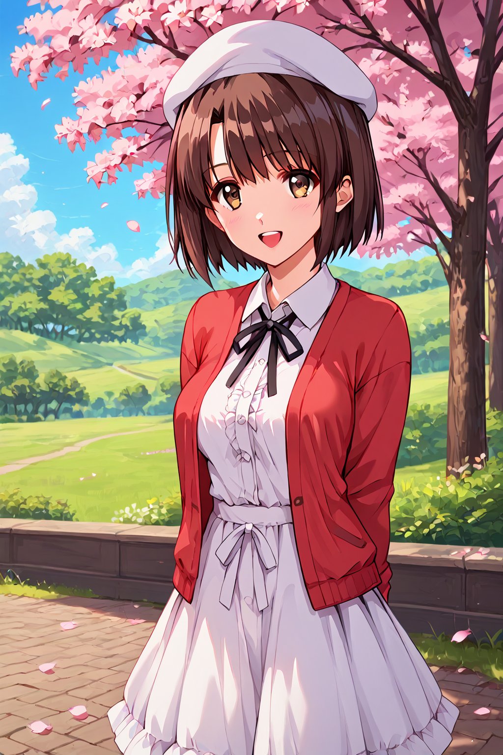 score_9, score_8_up, score_7_up, score_6_up, score_5_up, score_4_up, source_anime,satou nozomi,1girl, outdoors, solo, brown hair, hat, cherry blossoms, white headwear, tree, smile, brown eyes, looking at viewer, open mouth, short hair, day, arms behind back, red jacket, sky, beret, blue sky, skirt, neck ribbon, ribbon, frills, jacket, breasts, dress, petals, shirt, cloud, open clothes, black ribbon, cowboy shot, :d, long sleeves, white shirt, blush, white dress, teeth, medium breasts, open jacket, standing, grass, collared shirt, cardigan, upper teeth only, red cardigan, white skirt,masterpiece, perfect face, best quality, beautiful girl, cute girl, beautiful eyes, shiny eyes, anime coloring, anime screencap, absurdres, award winning,<lora:satou nozomi nova:0.7>