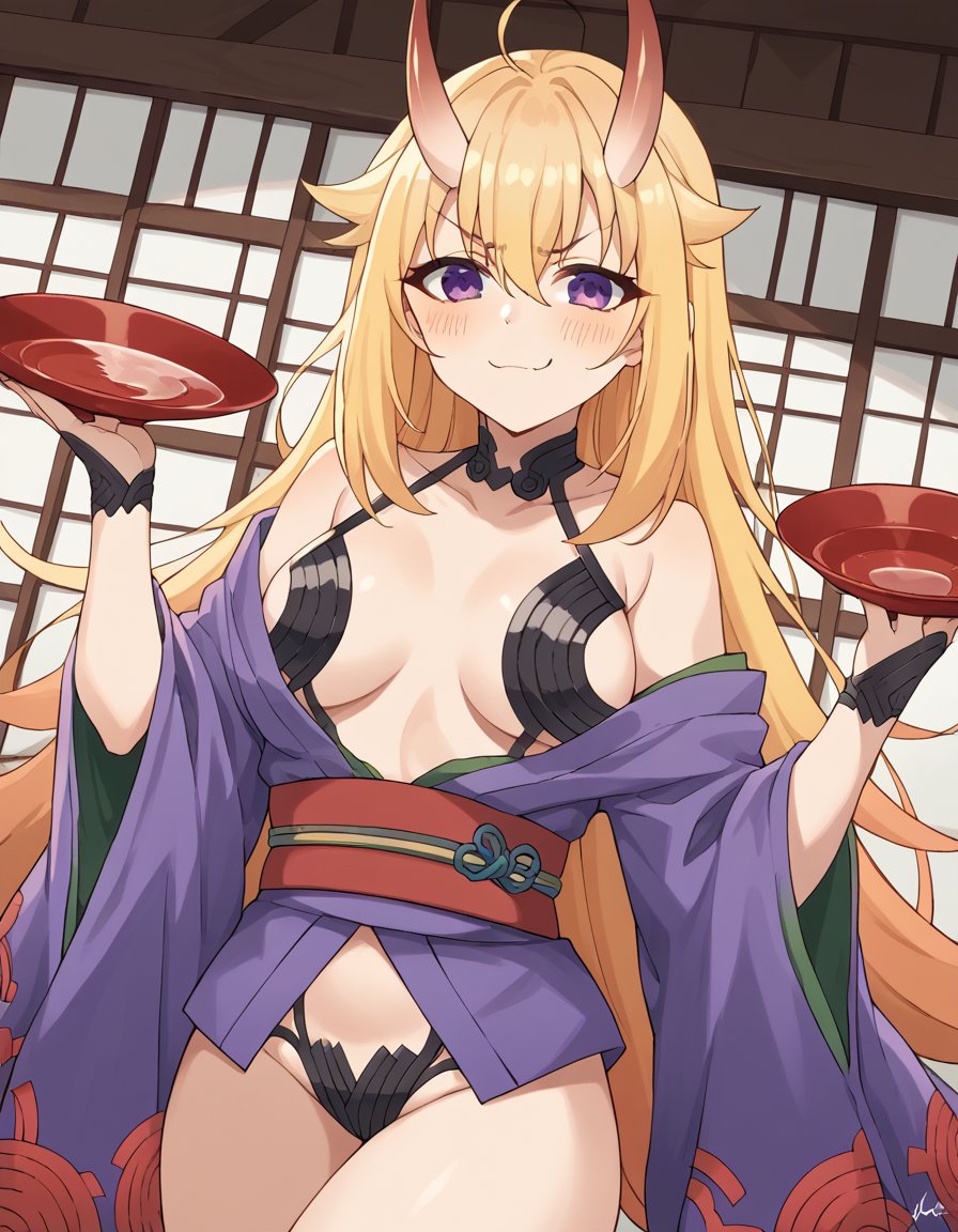 score_9, score_8_up, score_7_up, source_anime, <lora:torako-koshi-s1-v2-ponyxl-lora-nochekaiser:1>, torako koshi, long hair, bangs, blonde hair, hair between eyes, very long hair, purple eyes, ahoge, sidelocks, hair flaps, <lora:shuten-douji-cosplay-ponyxl-lora-nochekaiser:1>, shutendoujicosplay, shuten douji (fate) (cosplay), skin-covered horns, sakazuki, purple kimono, revealing clothes, open kimono, sake, oni, kimono, breasts apart, wide sleeves,, dojo, blush, smile, smug,, , cowboy shot, dutch angle