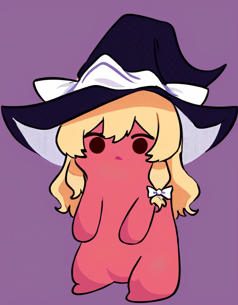 score_9_up,<lora:ponntaitachi-pony:1>,chibi,no humans,kirisame marisa, witch hat, blonde hair,red skin,simple background,