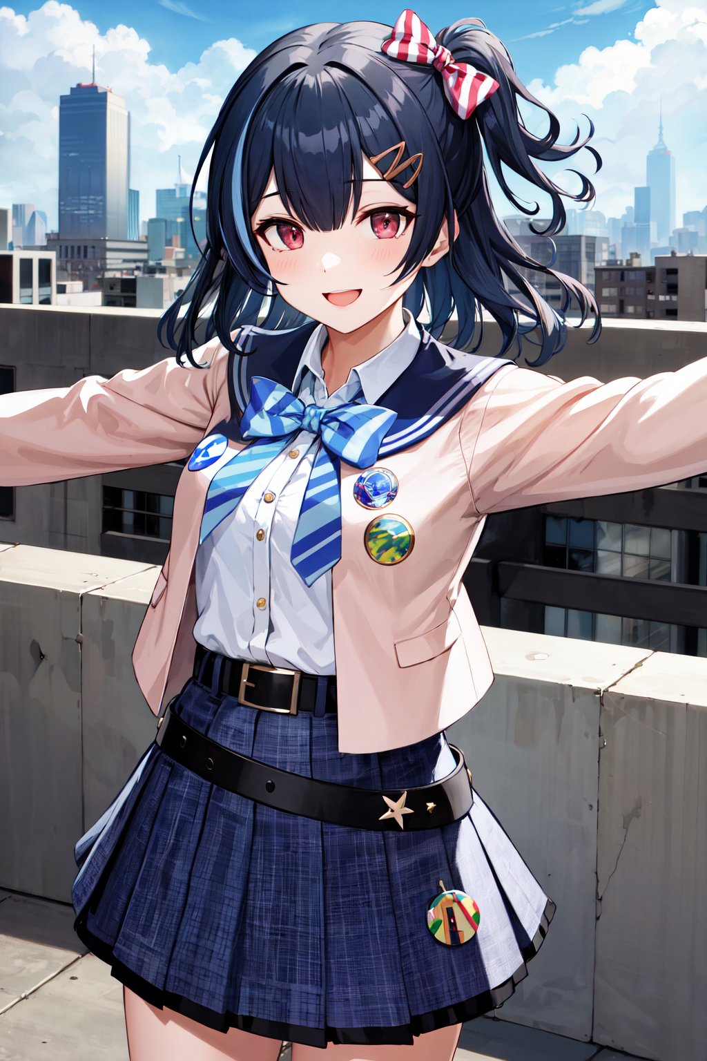 masterpiece, best quality, highres, eerinze, medium hair, streaked hair, hair bow, striped bow, hairclip, sailor collar, striped bowtie, pink jacket, badge, long sleeves, jewelry, bracelet, black belt, blue skirt, multicolored skirt, <lora:morino_rinze_v1:0.7>, smile, standing, blue sky, city, rooftop, cowboy shot, open mouth, wind, outstretched arms, 