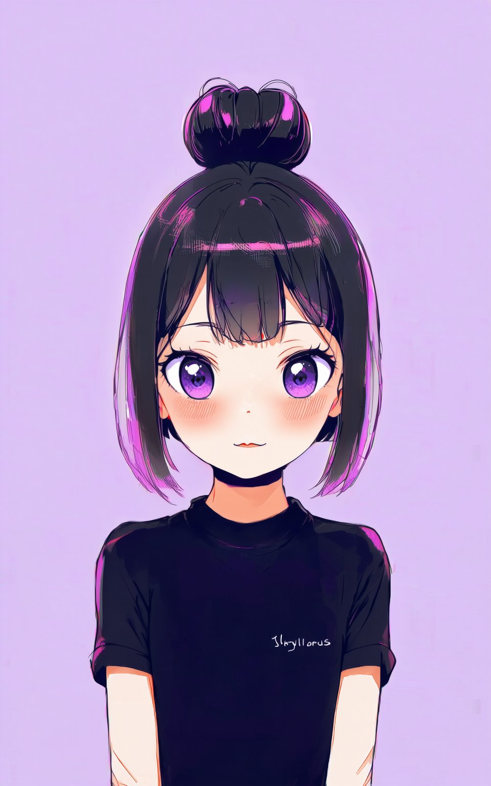 anime style, 1girl,looking at viewer,bangs,shirt,black hair,closed mouth,purple eyes,upper body,purple hair,short sleeves,multicolored hair,hair bun,black shirt,double bun,turtleneck,expressionless,clothes writing,purple background