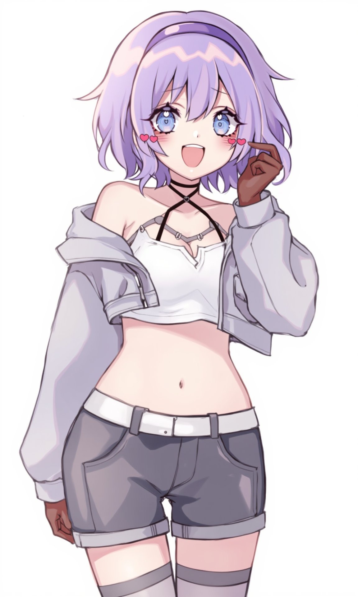 1girl,    pants, white belt, :d, midriff, crop top, purple hair, hair intakes, blue eyes, stomach, cropped jacket, short hair, standing, headband, pantyhose, grey shorts, smile, solo, white background, black pants, grey thighhighs, open mouth, medium breasts, clothing cutout, thighs, brown gloves, navel, simple background, short shorts, looking at viewer, breasts, purple headband, garter straps, thighhighs, shorts, cowboy shot, gloves, micro shorts, thigh gap, grey jacket, hand up, hair between eyes, long sleeves, cleavage cutout, jacket, belt <lora:Jingtian:1>