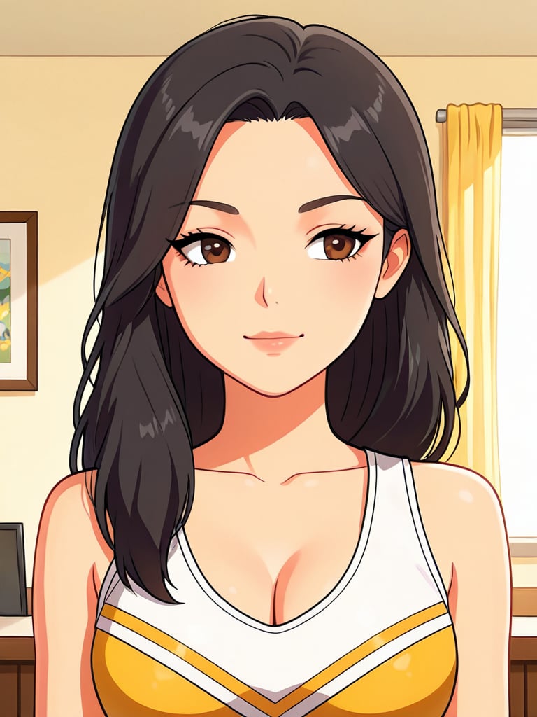 yellowcheer,  front view a beautiful young blackhair woman with deep brown eyes wearing a sexy yellow cheer outfit,  soft...