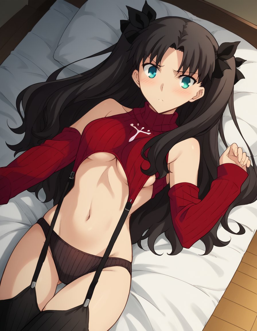 score_9, score_8_up, score_7_up, source_anime, rintohsaka, <lora:rin-tohsaka-ubw-ponyxl-lora-nochekaiser:1>, rin tohsaka, aqua eyes, black hair, hair ribbon, long hair, ribbon, sidelocks, two side up, parted bangs,, <lora:virgin-destroyer-sweater-ponyxl-lora-nochekaiser:1>, virgin destroyer sweater, ribbed thighhighs, ribbed panties, ribbed sleeves, aran legwear, write garter straps, sleeveless sweater, sleeveless turtleneck, turtleneck sweater, cropped sweater, underboob, navel, sideboob,, indoors, bed, bed room, on bed, on back, blush,, cowboy shot, dutch angle,