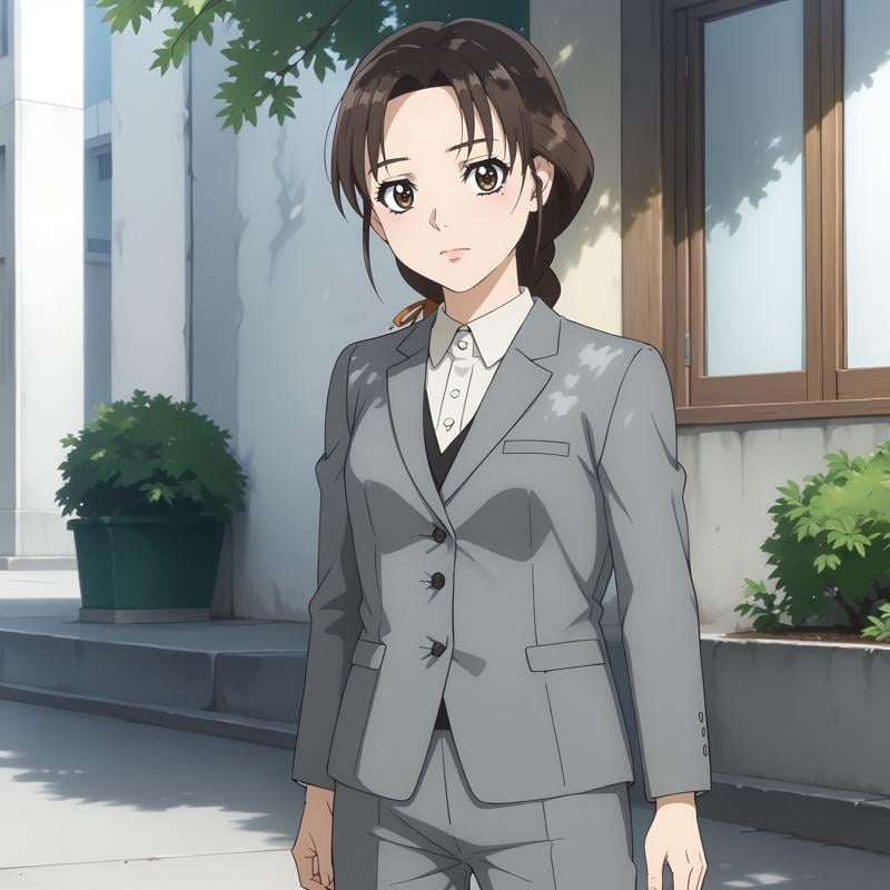 <lora:ISep4_TamakiMitamuraXLpony001>,looking at viewer,solo,TamakiMitamura,1girl,brown hair,braided ponytail,hair ribbon,brown eyes,mole under eye,business_suit,gray jacket,gray pants,outdoors,