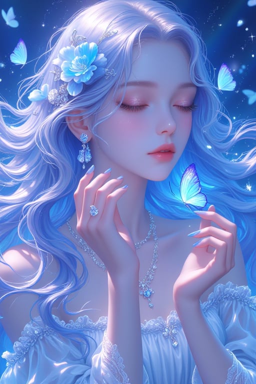 A serene fantasy portrait of a young woman with ethereal blue hair,adorned in delicate jewelry and surrounded by floating butterflies against an enchanting celestial backdrop,