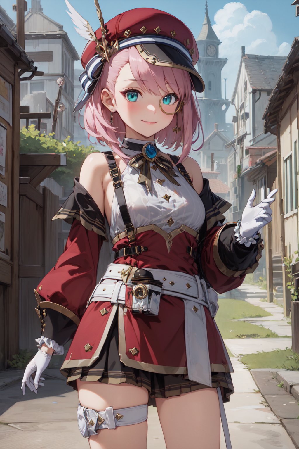 (masterpiece:1.3), (absurdres:1.3), (best quality:1.3), (ultra-detailed:1.3) , 1girl,hat, pink hair, gloves, bare shoulders, belt, green eyes,thigh strap, detached sleeves, white shirt, monocle, short hair, jewelry,ribbon, hat feather, medieval city, medieval village, kingdom background day, upper body, smile,  <lora:Charlotte-000009:1>