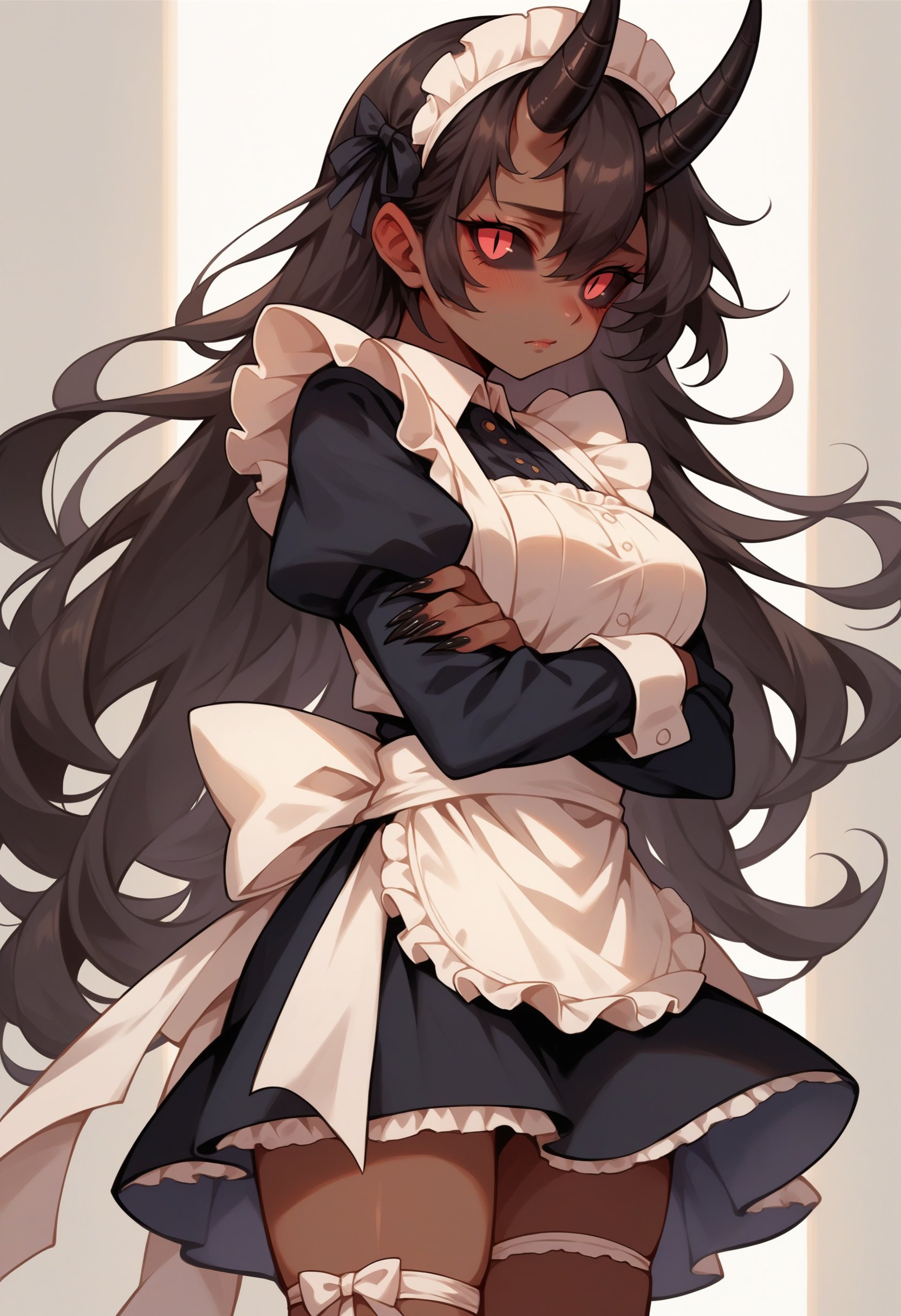 score_9, score_8_up, score_7_up, source_anime, female, medium breasts, black hair, black eyes, horn, black horn, slit pupils, black sclera, black skin, solo, shy, blush, thigh strap, maid uniform, long hair, sharp nails, black nails, 5 fingers, from side, looking at viewer, crossed arms, skirt, maid apron, 