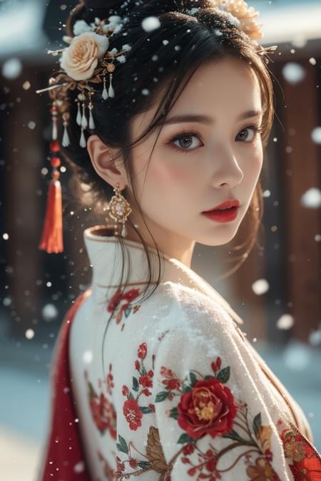 Warm Snow,1girl,solo,hair ornament,black hair,jewelry,earrings,looking at viewer,blurry,snow,snowing,red lips,chinese clothes,looking back,upper body,flower,blurry background,makeup,black eyes,lipstick,hair stick,realistic,floral print,lips,closed mouth,best quality,masterpiece,illustration,an extremely delicate and beautiful,CG,unity,8k wallpaper,Amazing,finely detail,masterpiece,official art,extremely detailed CG unity 8k wallpaper,incredibly absurdres,huge filesize,ultra-detailed,highres,extremely detailed,beautiful detailed girl,realistic,<lora:Warm Snow:0.8>,