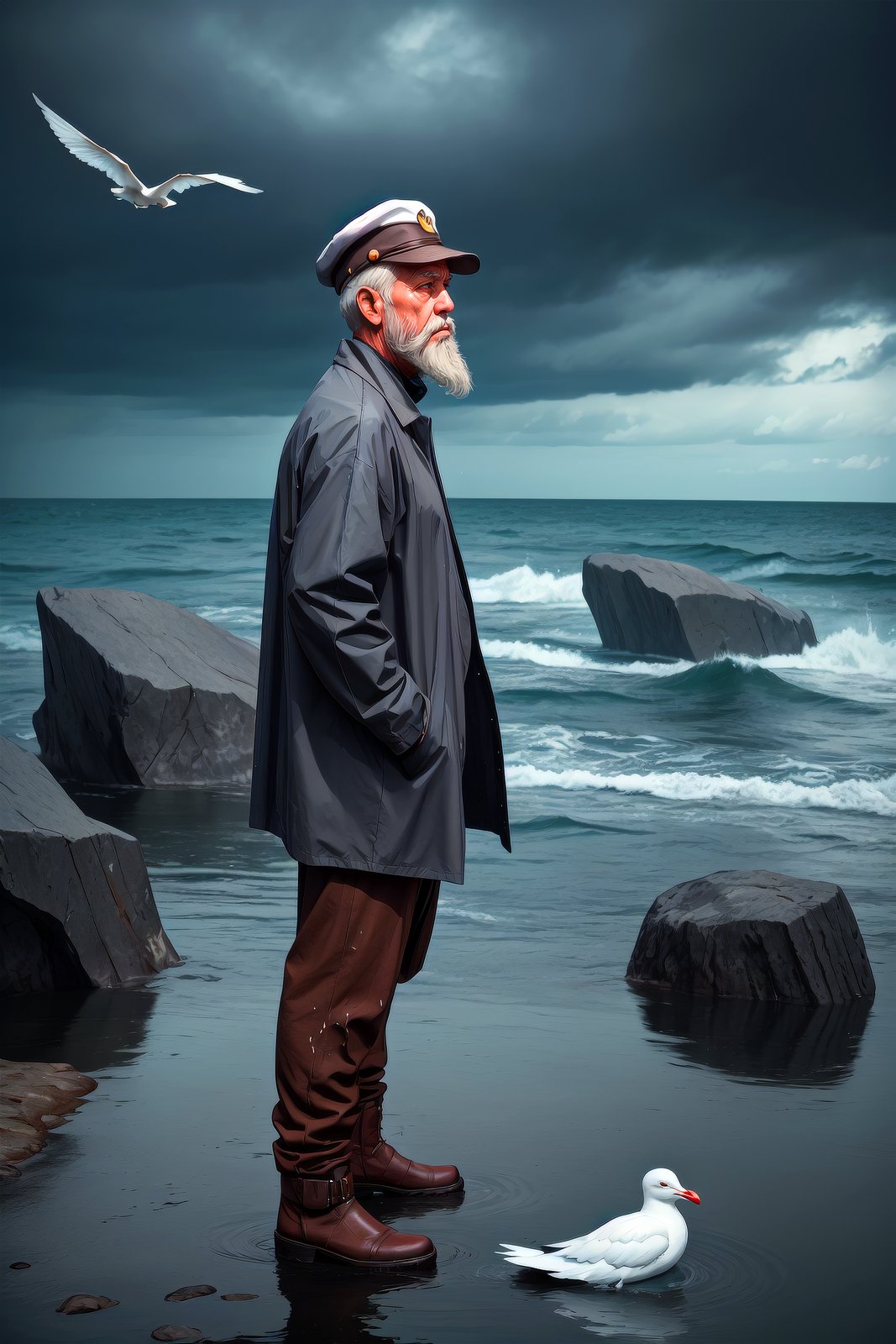 movie shot of a (80-year-old male), (fisherman sailor man), standing, (from side:1.2), (stern face:1.2), (deep wrinkles:1.2), (gray long beard:1.3), old long raincoat, (brown pants:1.4), (sailor hat:1.1), (jackboots:1.1), tired sad expression, (looking at viewer:1.4)(stormy sea, gloomy dark clouds:1.2), (splashes, water drops, rain:1.25), (seafoam:1.1), (flying white seagulls:1.25), (rocks, cliffs:1.3), (dark haze:1.2), (wet clothes:1.1), (tense hopeless eerie atmosphere, cold, floes:1.2)