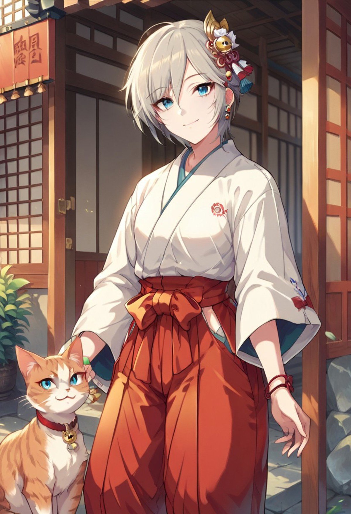 score_9, score_8_up, score_7_up, source_anime,anastasia, short hair, grey hair, blue eyes, 1girl, japanese clothes, miko, hakama, hakama skirt, cat, red hakama, solo, hair ornament, smile, jewelry, bracelet