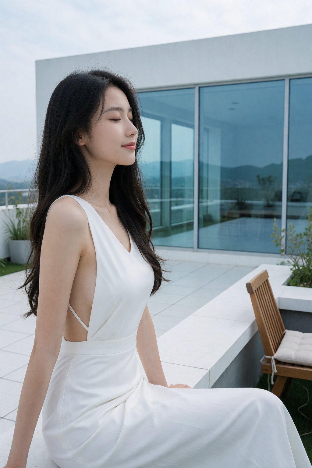 This is a high-resolution photograph capturing a young East Asian woman sitting on a rooftop terrace,  gazing out into the...