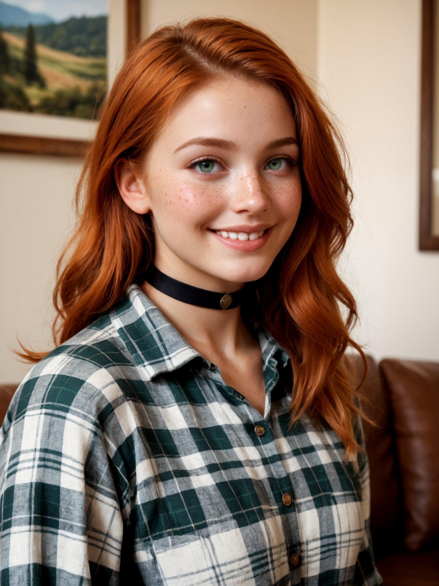 score_9, score_8_up, score_7_up, high detailed texture, photograph, realisticupper body, close up, cute woman, beautiful, 20 years old, dreamy, green eyes, freckles, soft smile, shoulder length ginger hair at side, living room, flannel shirt, black choker