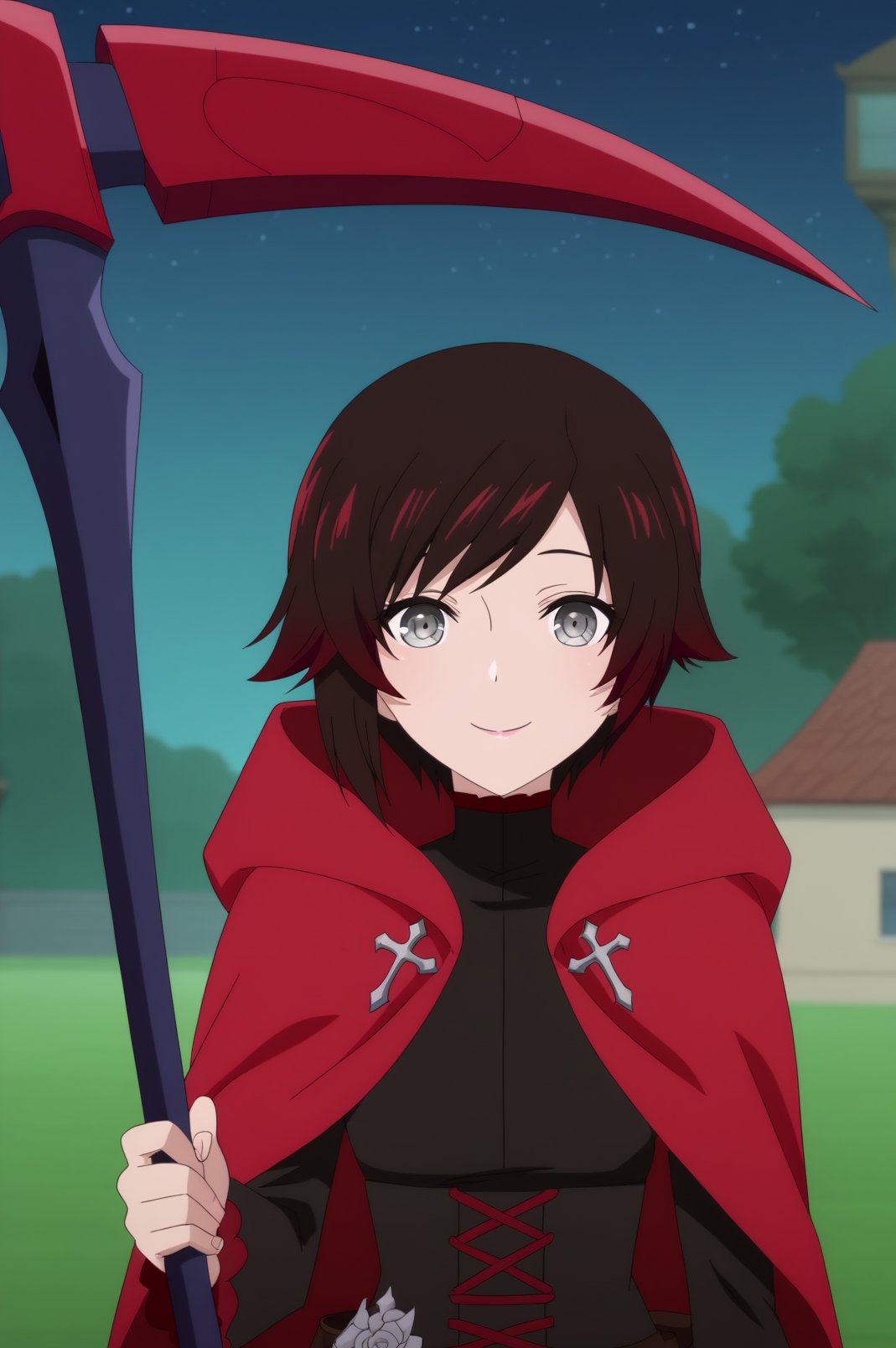 ruby rose,anime screencap,1girl,solo,mature,short hair,red hair,multicolored hair,looking at viewer,crescent rose,cloak,holding scythe,cross,hooded cloak, hood,smile,standing,close up,outdoors,night,night time,building <lora:Ruby Rose - RWBY.safetensors:0.8>