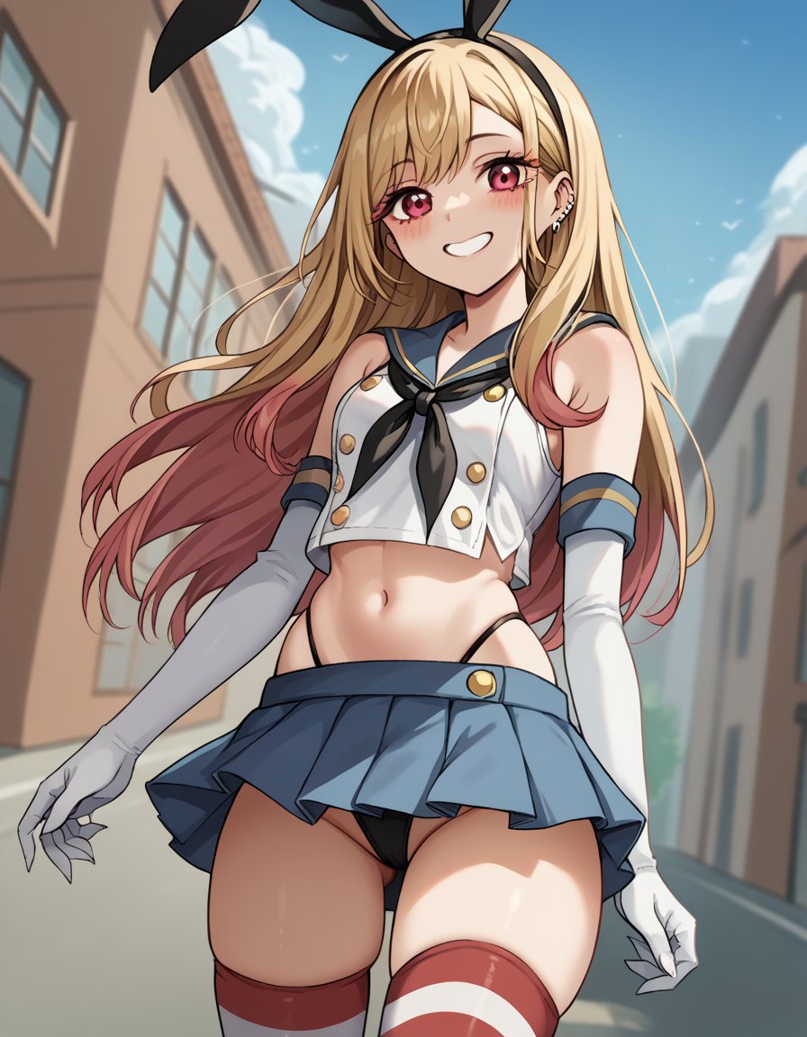 score_9, score_8_up, score_7_up, source_anime, marinkitagawa, <lora:marin-kitagawa-ponyxl-lora-nochekaiser:1>, marin kitagawa, long hair, bangs, blonde hair, red eyes, multicolored hair,, <lora:shimakaze-cosplay-ponyxl-lora-nochekaiser:1>, shimakazecosplay, shimakaze \(cosplay\), highleg panties, black neckerchief, microskirt, striped thighhighs, highleg, black panties, elbow gloves, thong, blue sailor collar, white  gloves, crop top, sailor collar, blue skirt, black hairband, bunny ears,, outdoors, streets, smile, blush,, cowboy shot, dutch angle, solo,