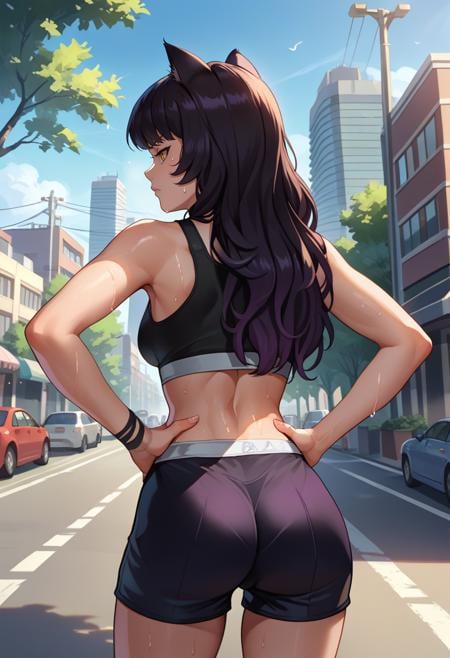 score_9, score_7_up, score_8_up, source_anime, from behind, solo, 1girl, blake belladonna, sweat, expressionless, looking back, hands on own hips, cat ears, black sports bra, black shorts, short shorts, outdoors, city street <lora:rwby_blakebelladonna_ponyXL:1>