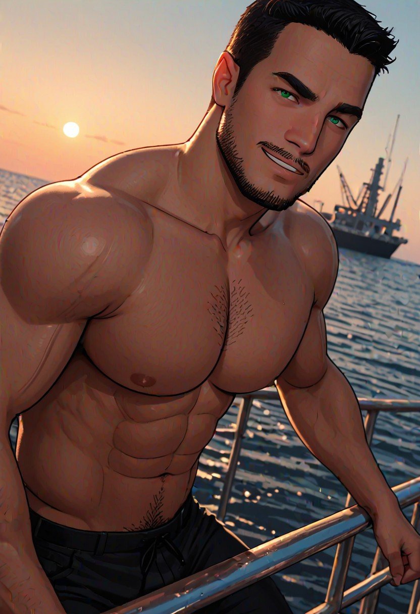 Masterpiece,  high resolution,  Humplex Tarruc A.K.A. The Oil Rig Worker leaning against ship's railing by anony2015 on Te...