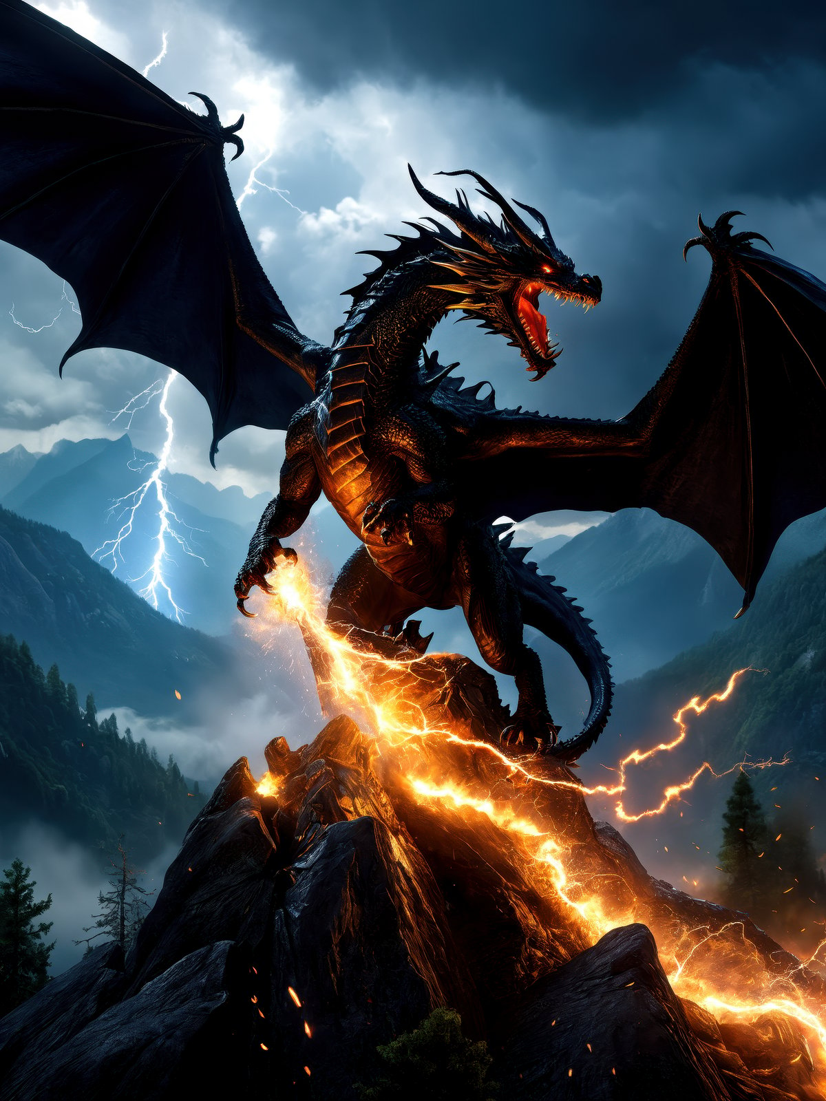 a powerful flying black fire Dragon spitting fire, fighting against a strong Wizard which spells lightning strikes in the foreground, big Mountains and wide forrests with trees are in the Background, stormy weather at night, cinematic Style, hyperrealistic, artstation