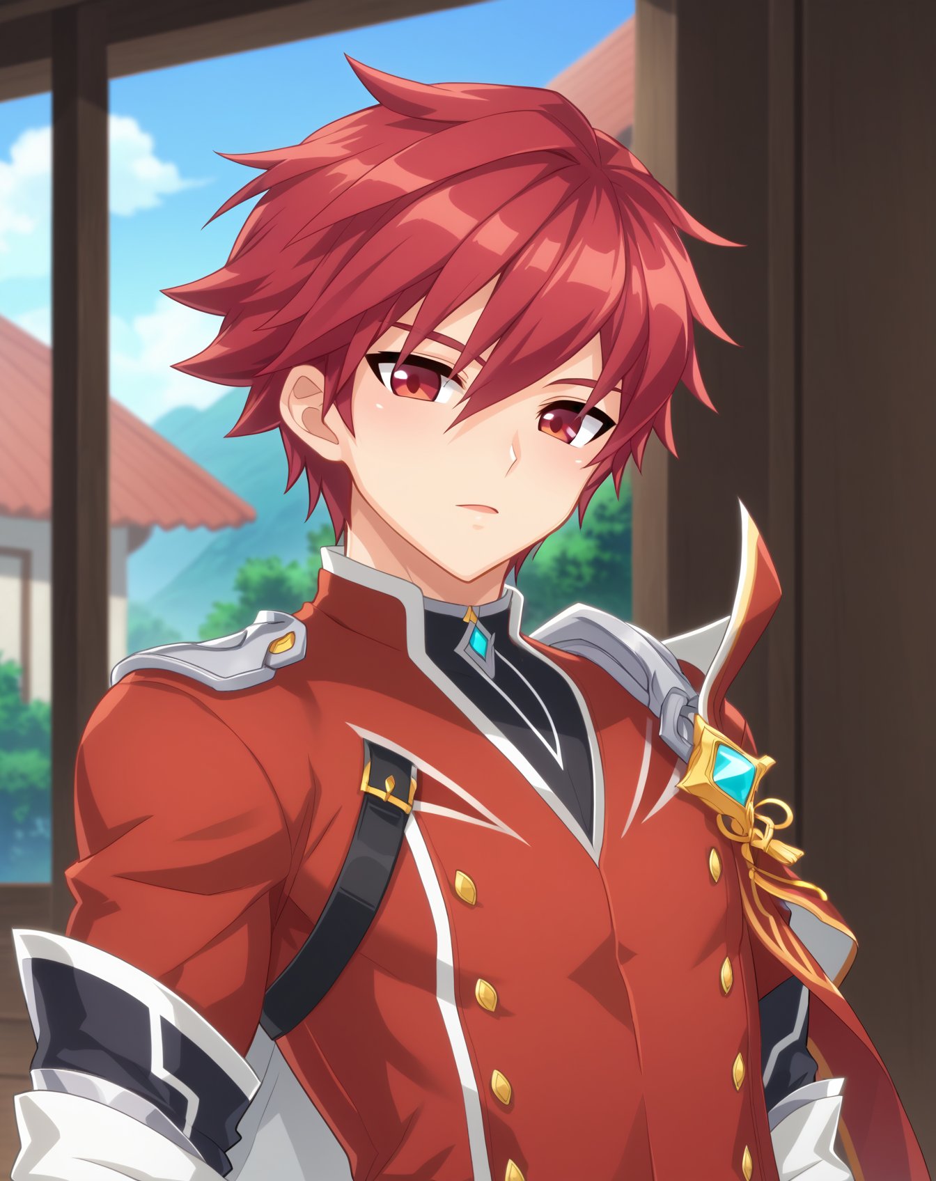 score_9, score_8_up, score_7_up, source_anime, anime screencap, depth of field, questionable, BREAK,1boy, solo, yaoi, male focus, mature male, looking at viewer, facing viewer, standing, straight-on, arms at sides, cowboy shot, <lora:elsword_knight_emperor:1> elswordknightemperor, red hair, red eyes, short hair, hair between eyes, spiked hair, casual, 