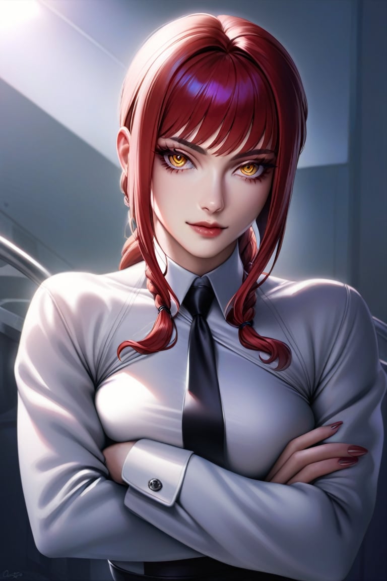 (art by dandon fuga:0.6), solo, 1girl, makima, slight smile, looking at viewer, crossed arms, braided ponytail, ringed eyes, white shirt, black necktie, black pants <lora:MakimaXLV7-000003:1>