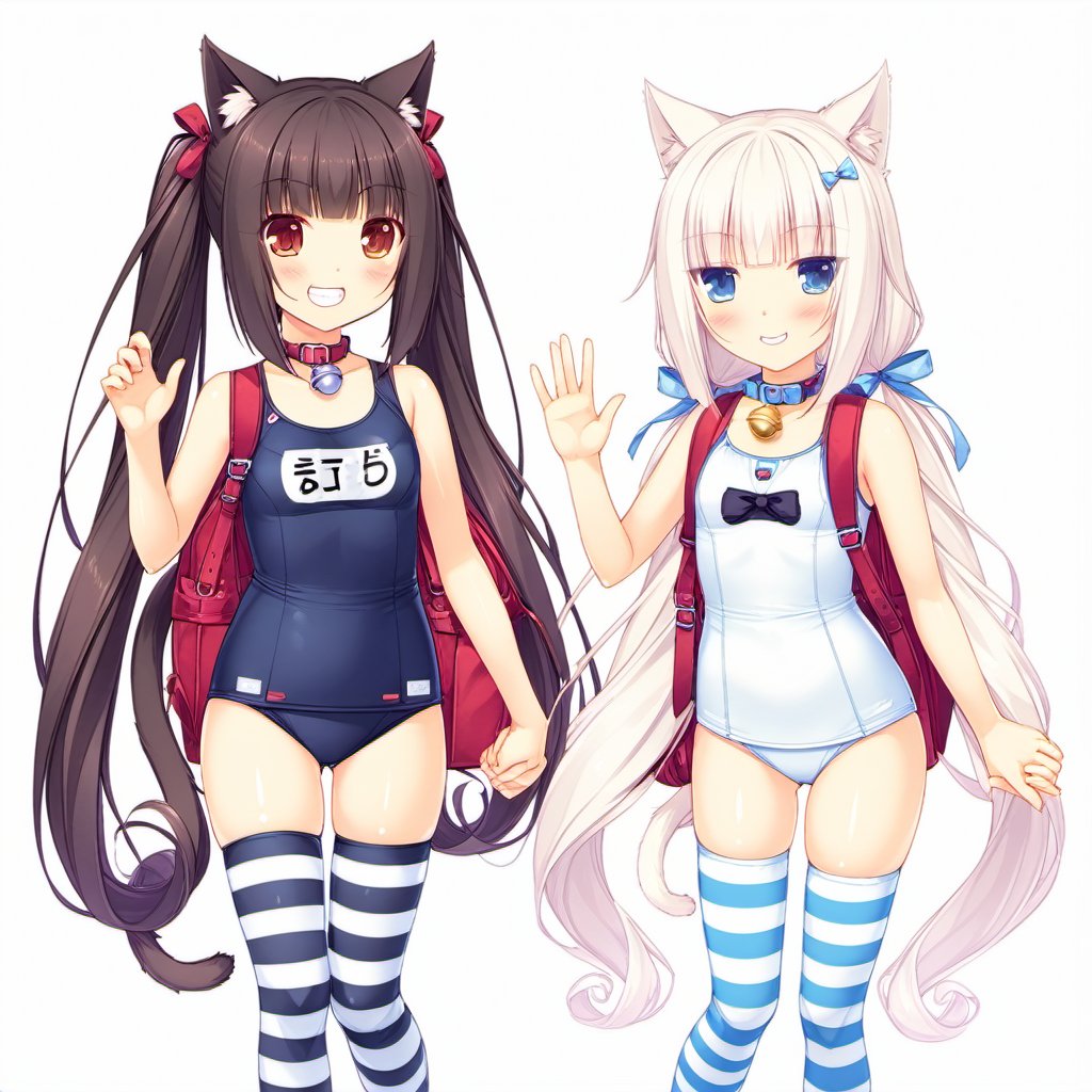 <lora:Hans-Nekopara-base-v2-000010:0.8>,nekopara,Vanilla_\(nekopara\), Chocola_\(nekopara\), multiple girls, , multiple_girls, 2girls, swimsuit, thighhighs, striped, school_swimsuit, animal_ears, cat_ears, one-piece_swimsuit, long_hair, tail, twintails, name_tag, bell, blue_eyes, cat_tail, very_long_hair, bag, backpack, slit_pupils, holding_hands, blush, neck_bell, randoseru, smile, collar, brown_eyes, grin, white_one-piece_swimsuit, jingle_bell, white_hair, no_shoes, low_twintails, black_hair, white_hair, interlocked_fingers, old_school_swimsuit, blunt_bangs, brown_hair, :3, waving, striped_thighhighs