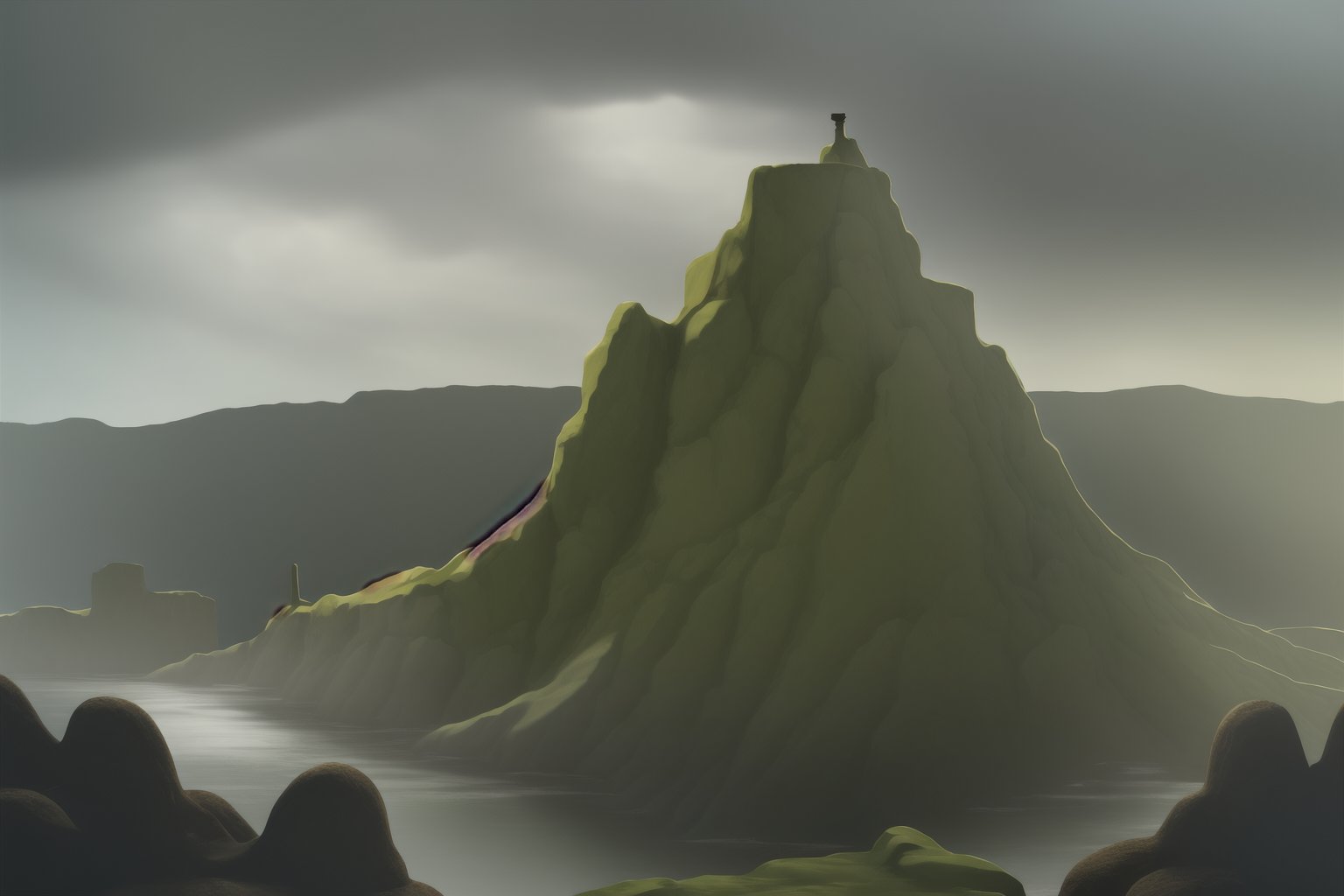 A panoramic view of the Giant's Causeway under a stormy sky,  with dramatic lighting highlighting the unique basalt column...