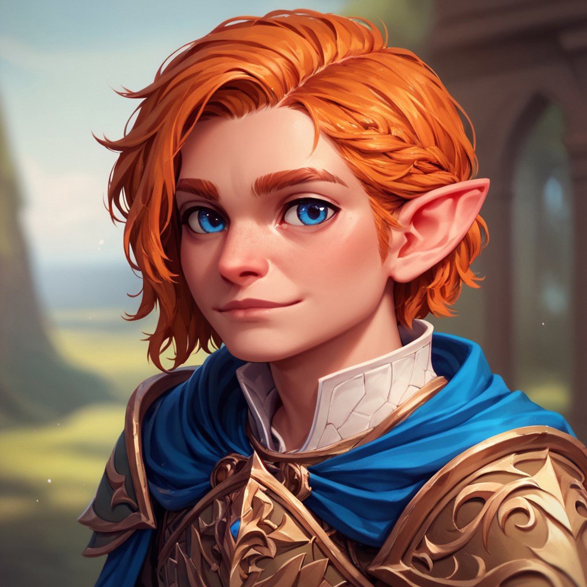 (((beautiful, high quality))), upper Body, score_9, score_8_up, score_7_up, halfling, short stature, pointed ears, big eyes, 1male, blue eyes, ginger hair, armor, blue cape,looking at the viewer, posing, blurred background, blurred fantasy background,