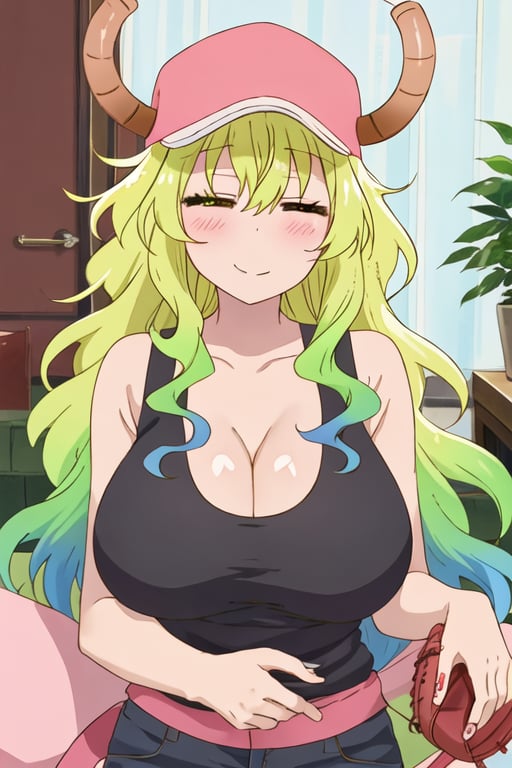 best quality, masterpiece, highres, solo, {quetzalcoatl_kobayashisanchinomaidragon:1.15}, green_hair, long_hair, blonde_hair, horns, multicolored_hair, dragon_horns, dragon_girl, gradient_hair, blush, closed_eyes, hat, horns_through_headwear, baseball_cap, breasts, anime_coloring, large_breasts, pink_headwear, smile, cleavage, closed_mouth, blue_hair, 1girl, bare_shoulders, parody, ^_^, tank_top, official_style, portrait, collarbone, hair_between_eyes, indoors