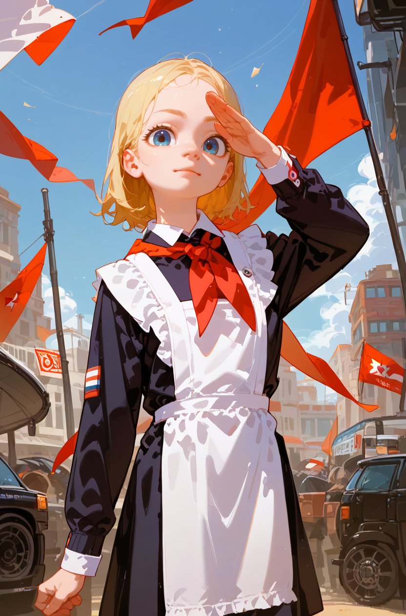 cinema lens,dynamic angle,1girl,blonde,(solo:1.3), one arm salute, red flag,from abovewhite apron,black dress,long sleeves,red neckchief,cccpuniform,(white cuff:1.2)<lora:Perfect Hands:1><lora:age_slider_v4:-2>  <lora:苏式校服:0.8>  <lora:naip33:1>, score_9, score_8_up, score_7_up, score_6_up, score_5_up, score_4_up,zPDXL