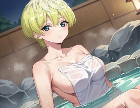 score_9, score_8_up, score_7_up, source_anime,tenkaizumo, <lora:tenka-izumo-s1-ponyxl-lora-nochekaiser:1>tenka izumo, short hair, blue eyes, blonde hair,nude, naked, outdoors, onsen, towel, naked towel, steam, bathing, nude cover, partially submerged, water, bath, steam censor, wet towel,looking at viewer, cowboy shot, dutch angle, solo,