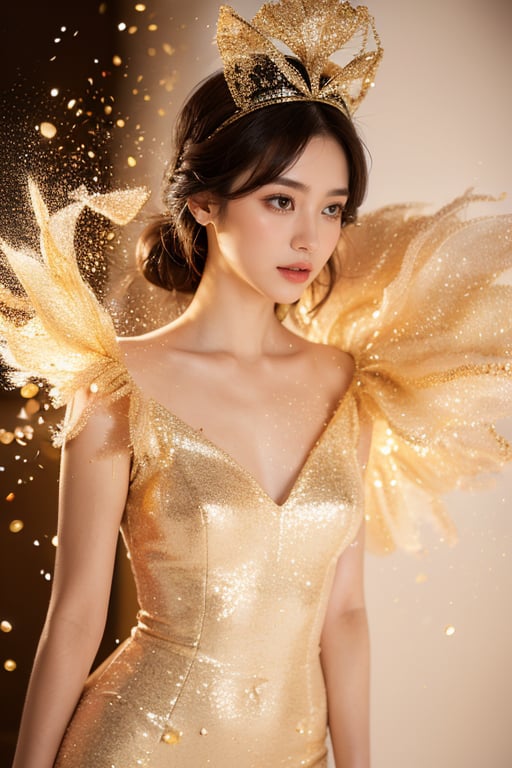 (1girl:1.1),stars in the eyes,(pure girl:1.1),(full body:0.6),There are many scattered luminous petals,contour deepening,white_background,cinematic angle,gold powder,<lora:jin_20231226224140-000003:0.7>,