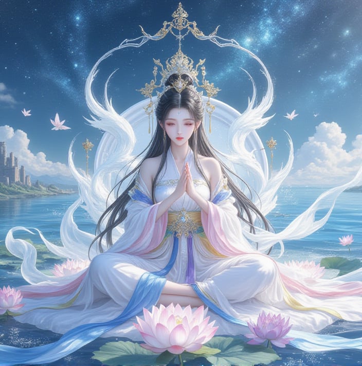 Chinese mature woman,Sitting cross-legged on a white lotus throne and a golden hat above his head,in anime style appearance,White Hanfu,golden crown,eyes closed,1girl,jewelry,long hair,hands out of hydrangea,hands tighhighs,see see Holding,see body,lovely little princess,dragon lady,with a pair of dragon horns ((masterpiece,best quality))) on her head,((good structure, good composition,good glowing translucent), Translucent of women),tiny golden accents,beautifully and intricately detailed,ethereal glow,whimsical,art by Mschiffer blue theme,off original,view (beautiful),transparent,shiny_clothes,pink chest pleated skirt,white with yellow pibo,pink pibo,((water drops)),wet clothes,((beautiful detailed water)),((floating)),dynamic angle,((Beautiful butterflies in detail)),((Beautiful stars in detail)),(((halter dress ))),particle,(Starry sky in beautiful detail),(Hazy fog),(Ruins of beautiful details),(((Standing on the surface of the sea))),yellow waistband,purple with white waistband,light green waistband, <lora:风月无边illustrations_v1.0:0.51> <lora:FLUX-汉服人像艺术-国风-氛围感-liangyi_尝鲜版:0.41> <lora:kingheretynjfl:0.41> <lora:flux_gf_v4.0:0.5> <lora:flux-test-lora:0.5>