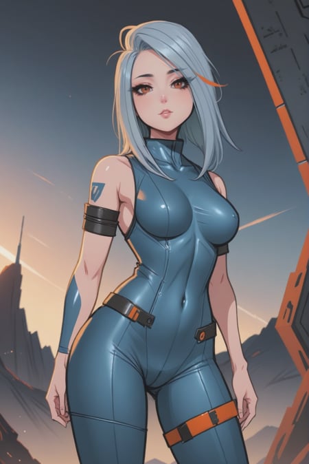 anime style, full body, character concept art, 1girl, woman, scifi, cosmic-core,"new weird",rocketpunk, computer programmer, full body, wearing skin-tight brushed color:lightsteelblue metal work clothes, bombshell hair, platinum hair with orange highlights, Emo Cut, slim figure, narrow waist, tight ass, medium breasts, chinese, Mountain<lora:EnvyStarlightBeauty09:1>